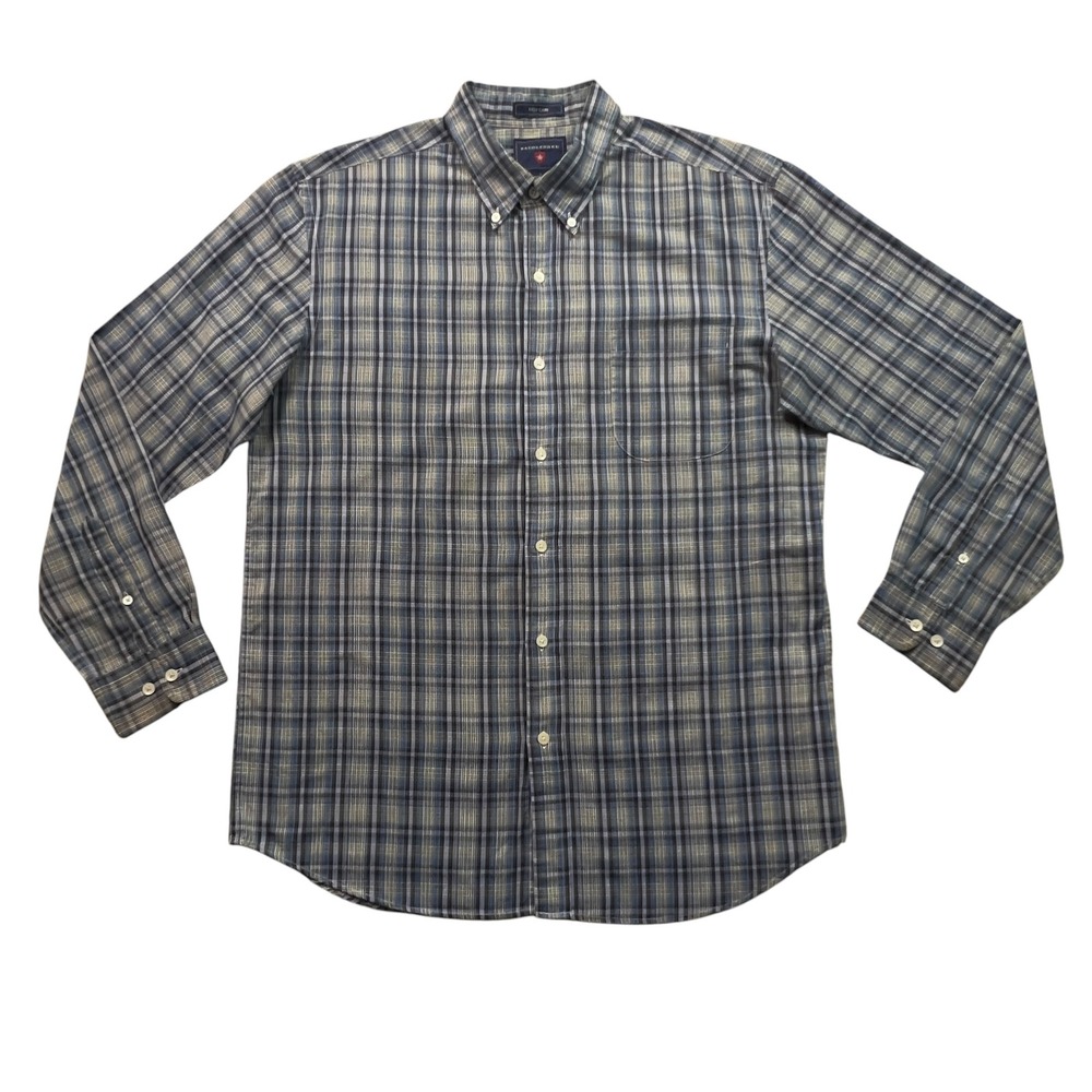 Saddlebred Button Down Shirt Mens Large Blue Plaid Easy Care Long Sleeve Pocket